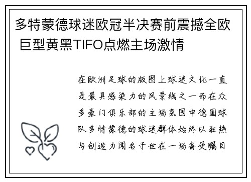 多特蒙德球迷欧冠半决赛前震撼全欧 巨型黄黑TIFO点燃主场激情