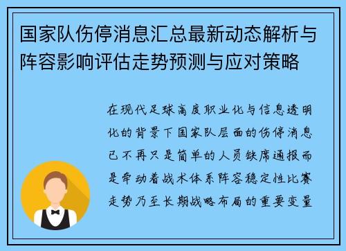 国家队伤停消息汇总最新动态解析与阵容影响评估走势预测与应对策略 国家队伤停消息汇总最新动态解析与阵容影响评估走势预测与应对策略