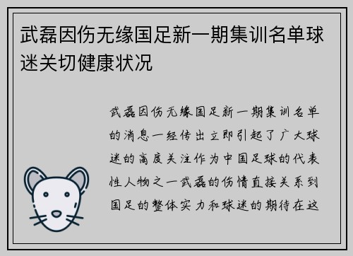 武磊因伤无缘国足新一期集训名单球迷关切健康状况